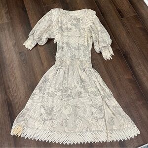 Vtg 1980s Floral Silk Dress Boho Southern Cottagecore Victorian Puffed Sleeve